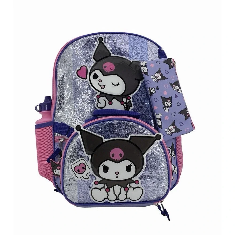 5 Piece Kuromi Backpack Lunch Box Bag Tote Lunchbox Case Set My Melody Sequins